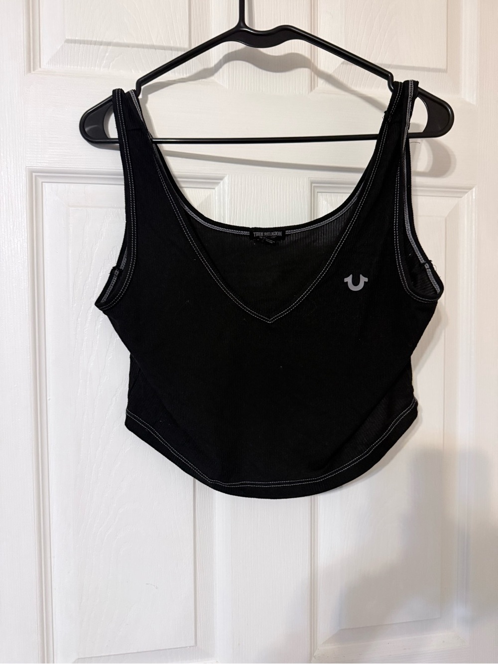 True Religion Black V-Neck Cropped Rib Tank